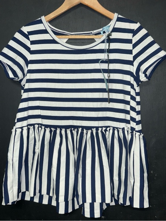 She + Sky Tops - She + Sky Navy and White Striped Peplum Top